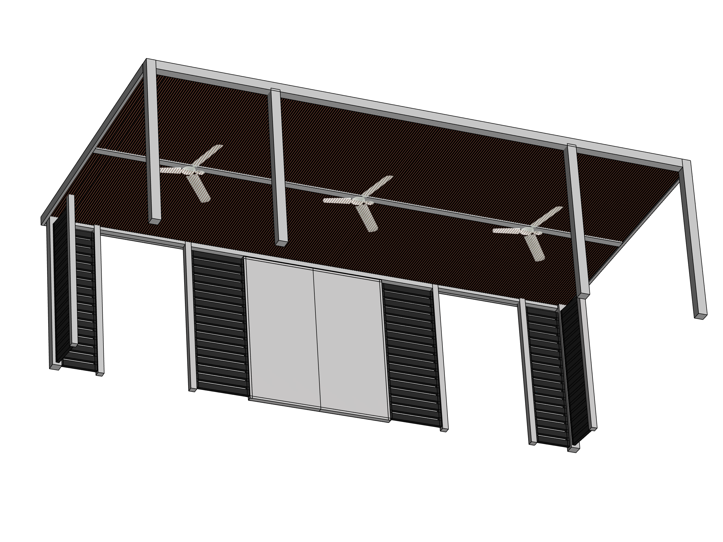 3D model of a large custom aluminum pergola with wood-look ceiling, fans, privacy panels, and outdoor kitchen