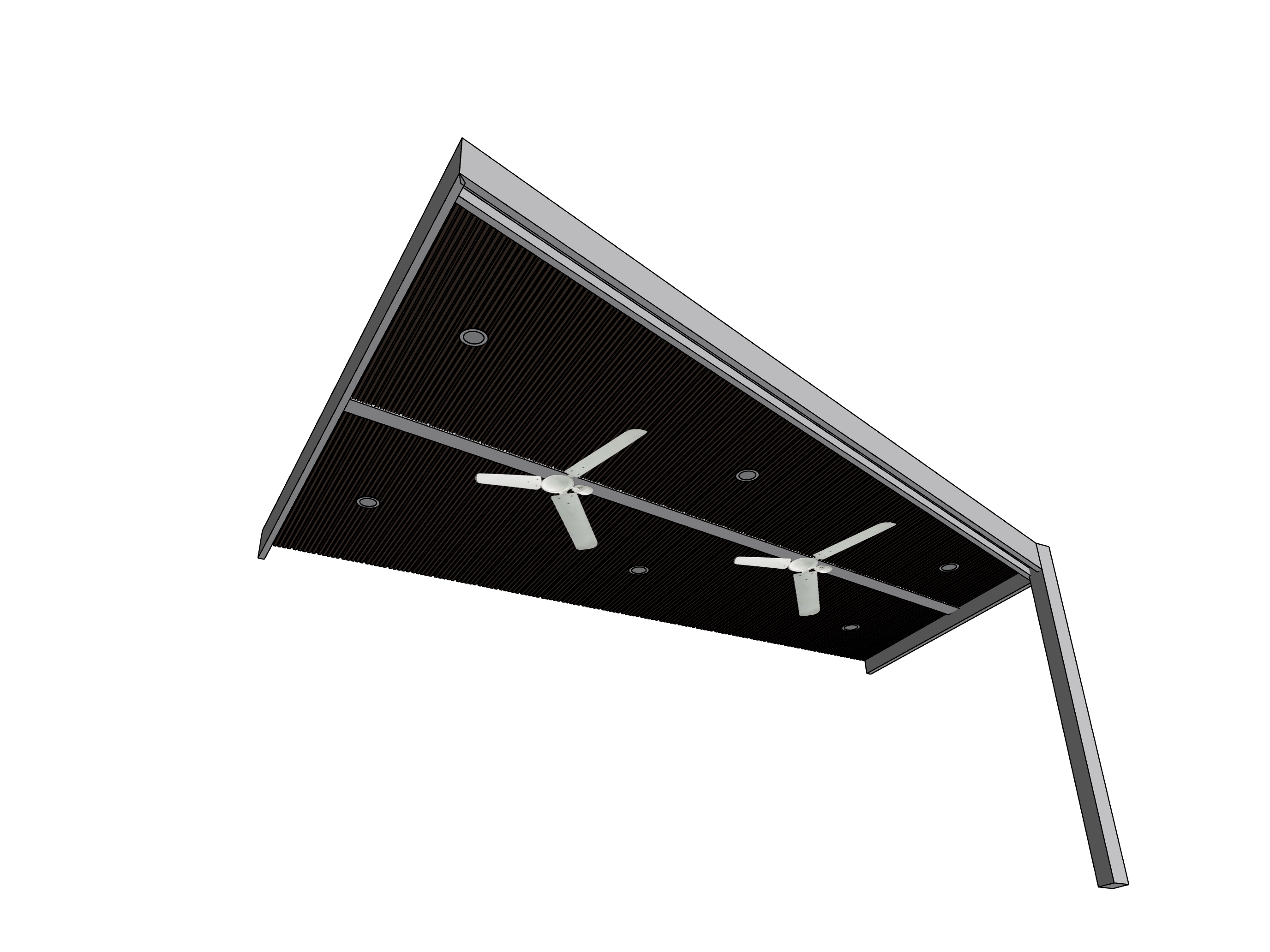 Underside 3D view showing the pergola ceiling, fans, and lighting