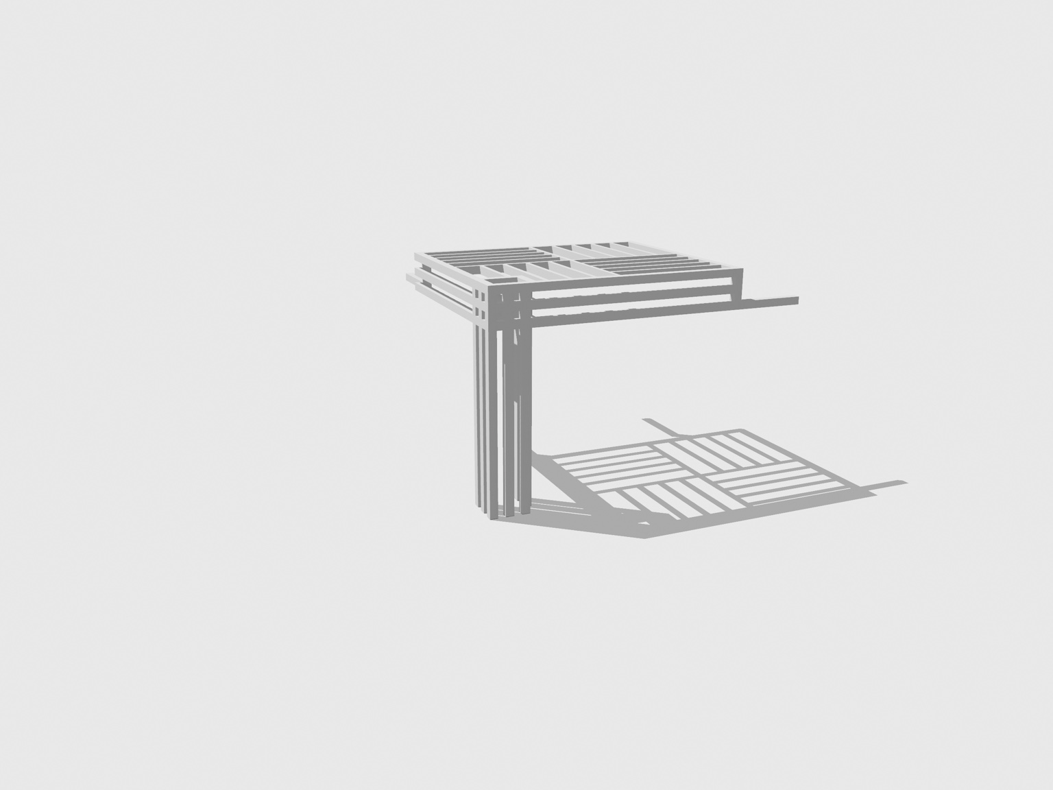 Rear 3D view showing the pergola attachment layout