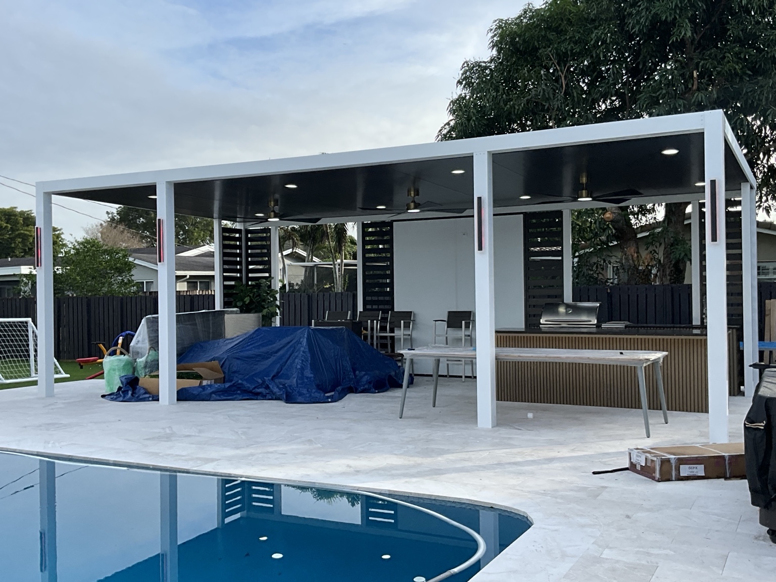 Front view of the finished poolside pergola
